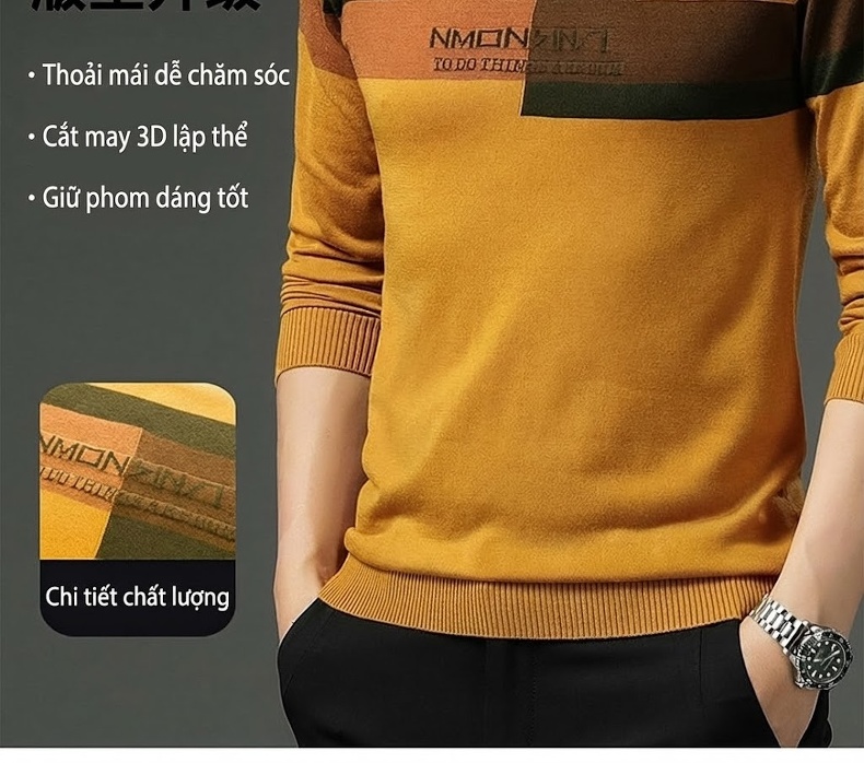 Áo Thun Dệt Kim Tay Dài Cổ Tròn Mỏng Phong Cách Thu Đông Cho Nam Màu Vàng chi tiết 4