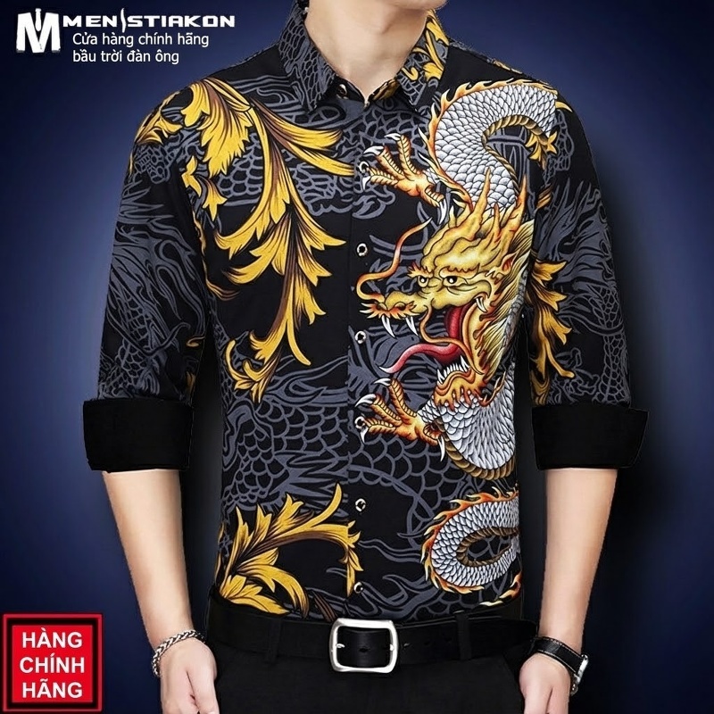 Áo Sơ Mi Tay Dài Nam In Họa Tiết Phong Cách Trung Hoa