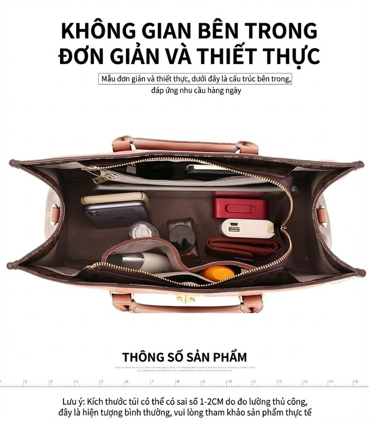 Túi Tote Nữ Da Bóng Lớn Đựng Vừa A4 Quai Xách Tay Đeo Vai Màu Nâu chi tiết 6