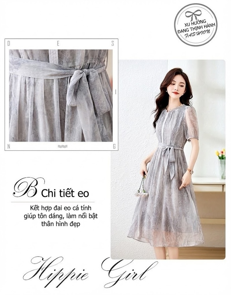 Đầm Xòe Nữ Tay Ngắn Thiết Kế Thanh Lịch Thoáng Mát Chất Liệu Voan Màu Hồng, Xám chi tiết 8
