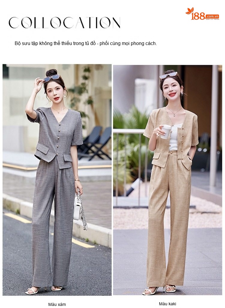 Bộ Quần Áo Nữ Cotton Linen Thiết Kế Áo Vest Tay Ngắn Quần Ống Rộng Phong Cách Thanh Lịch Màu Be, Xám chi tiết 5