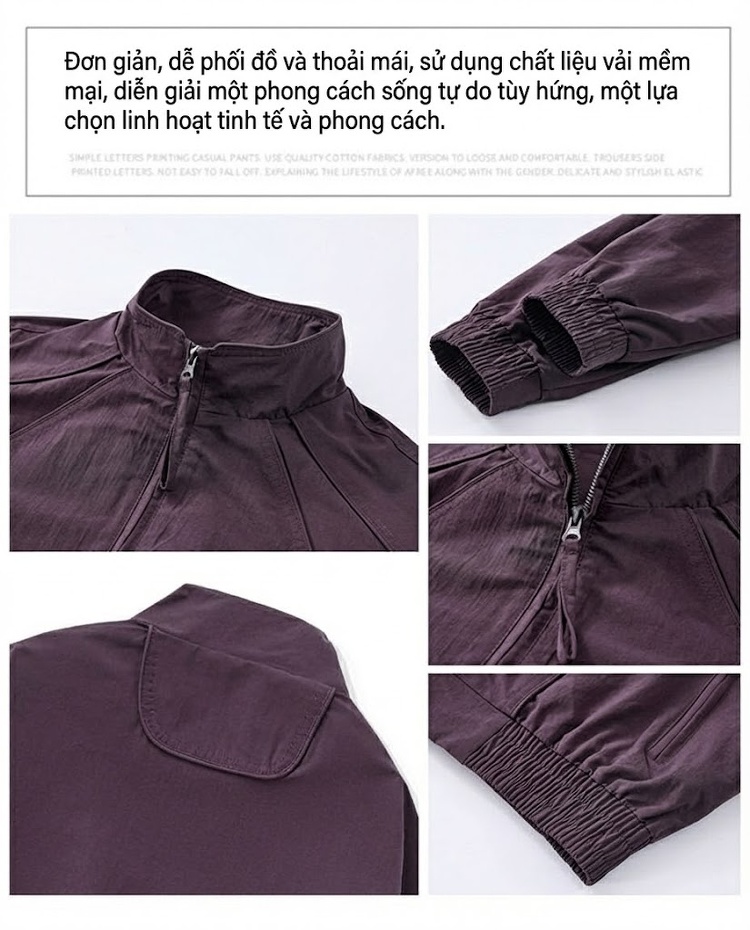 Áo Khoác Bomber Nam Cổ Trụ Dáng Rộng Phong Cách Mỹ Màu Đen, Tím chi tiết 6