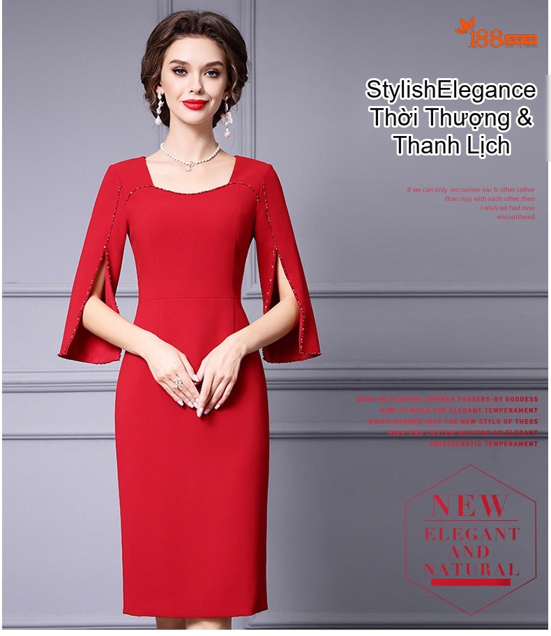 Váy liền thân Nữ Tay Lửng Xẻ Tà Thiết Kế Thanh Lịch Màu Đỏ chi tiết 17