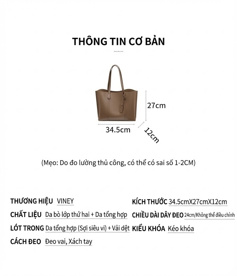 Túi Tote Nữ Da Thật Đựng Vừa A4 Phong Cách Thanh Lịch Màu Nâu chi tiết 7