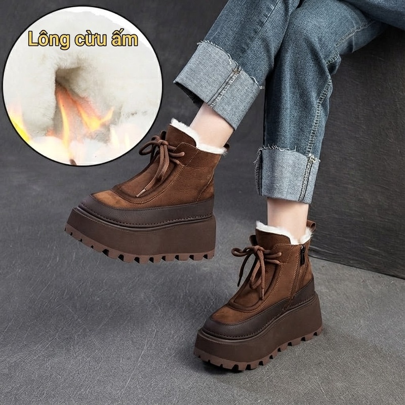 Boot Nữ Da Mờ Lông Cừu Non Mùa Đông Ấm Áp Chiều Cao Đế Khoảng 6cm Màu Nâu