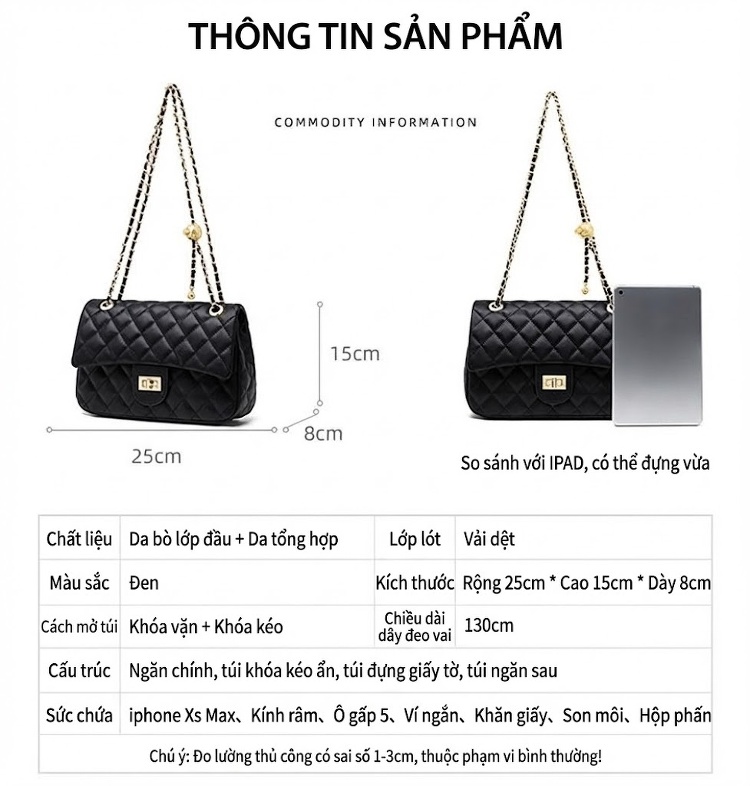 Túi Đeo Chéo Nữ Da Thật Dáng Kẹp Nách Túi Đeo Vai Dây Xích Cao Cấp Màu Đen chi tiết 5