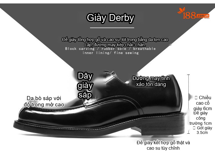 Giày Tây Buộc Dây Nam Da Bóng Chiều Cao Đế Khoảng 3cm Màu Đen chi tiết 2