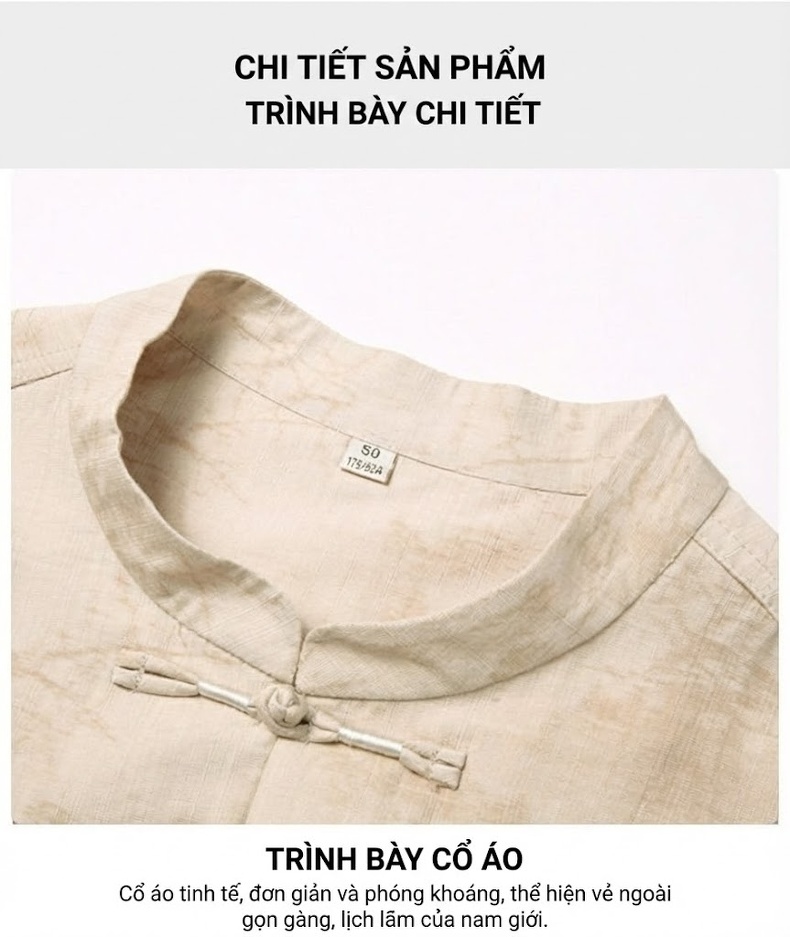 Áo Sơ Mi Nam Tay Ngắn Lụa Tơ Tằm Trung Niên Dáng Suông Cổ Tàu Khuy Nút Phong Cách Trung Hoa Màu Vàng Be, Nâu chi tiết 9