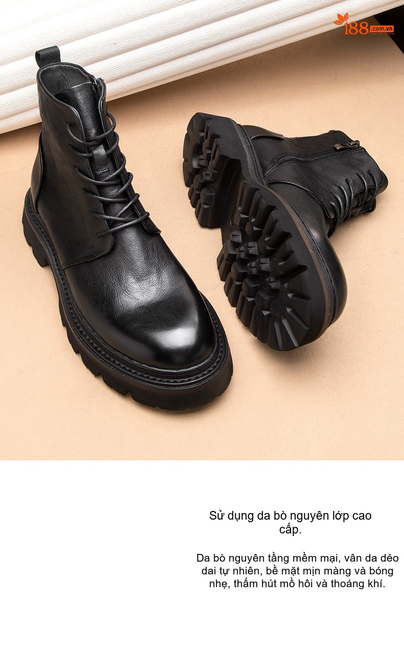Giày Boot Martin Nam Da Thật Cổ Cao Chiều Cao Đế Khoảng 4cm Màu Đen, Nâu chi tiết 4