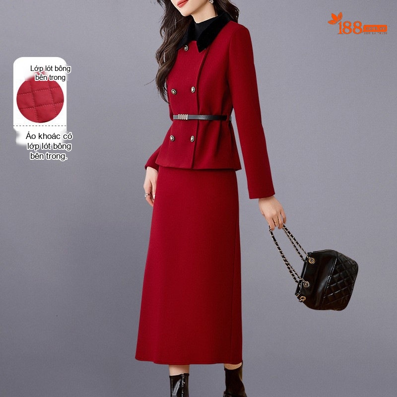Set Áo Khoác Lông Nỉ Quần Chân Váy Chữ A Dáng Dài Cao Cấp Màu Đỏ