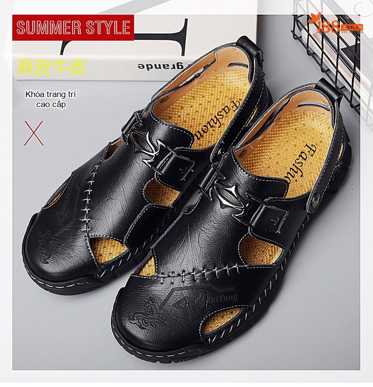 Sandal Nam Da Thật Xỏ Ngón Thoáng Khí Chiều Cao Đế Khoảng 3cm Màu Nâu, Đen chi tiết 1
