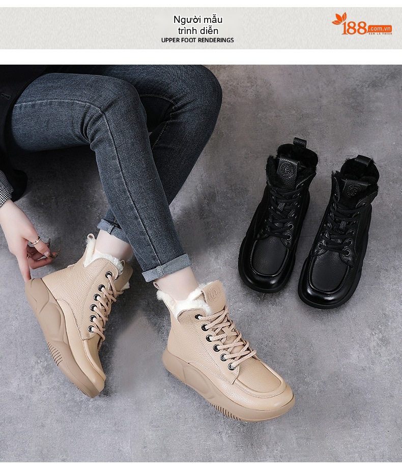 Giày Boot Nữ Da Bò Lót Lông Cừu Non Cổ Cao Dây Buộc Chiều Cao Đế Khoảng 5cm Màu Be, Đen chi tiết 11