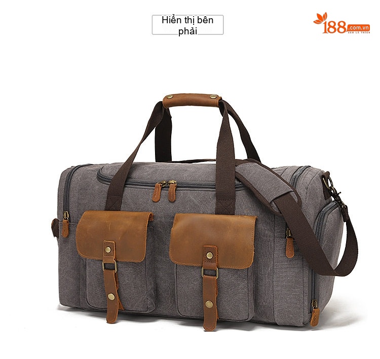 Túi Du Lịch Xách Tay Vải Canvas Đeo Chéo Phong Cách Âu Mỹ Kết Hợp Da Thật Màu Xám, Hồng, Sọc Trắng Đen chi tiết 12