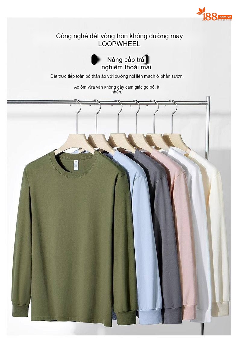 Áo Thun Tay Dài Nam Cotton 270g Cổ Tròn Dáng Rộng Màu Xám, Trắng, Đen, Xanh... chi tiết 5