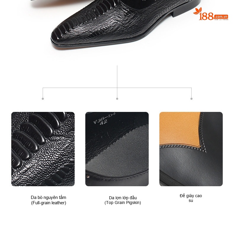 Giày Tây Buộc Dây Nam Da Bò Vân Cá Sấu Chiều Cao Đế Khoảng 3cm Màu Đen, Nâu chi tiết 5