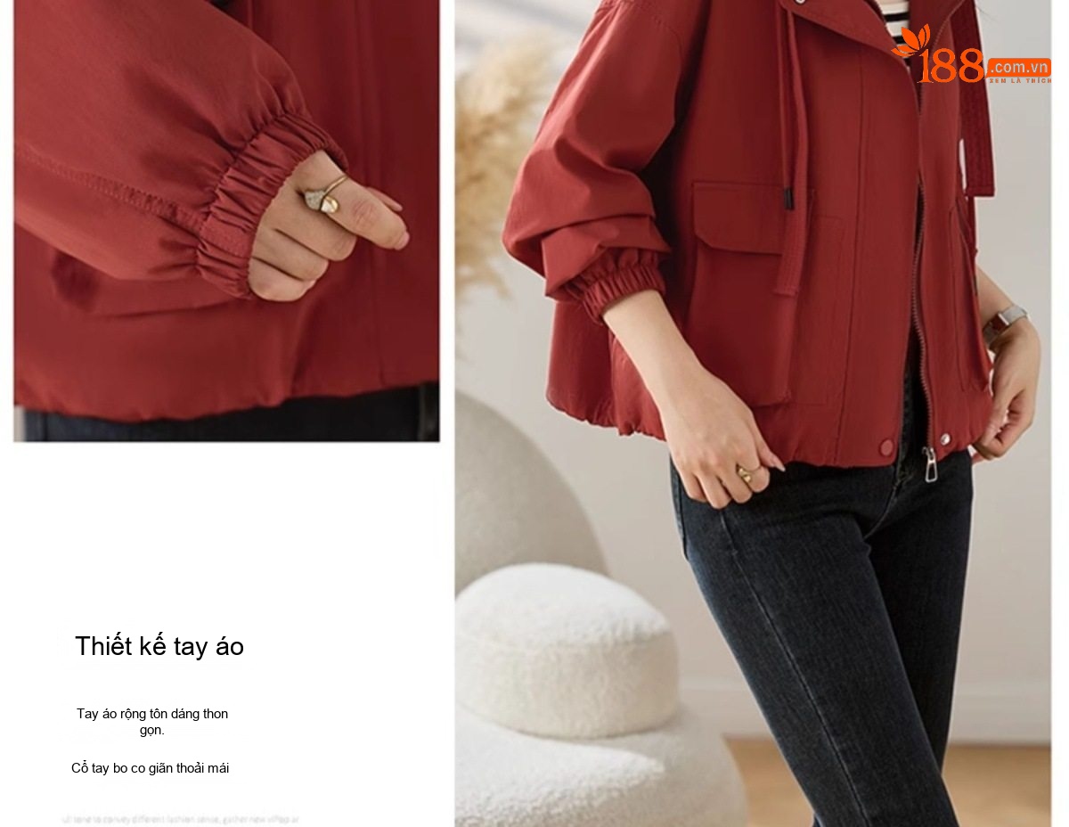 Áo Khoác Gió Nữ Form Ngắn Thiết Kế Túi Hộp Phong Cách Casual Màu Đỏ Gạch, Đen, Kem chi tiết 15