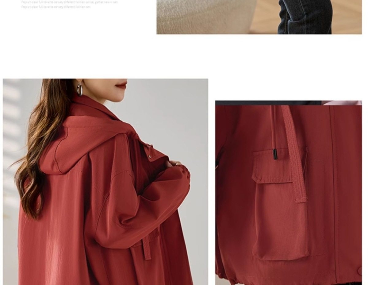 Áo Khoác Gió Nữ Form Ngắn Thiết Kế Túi Hộp Phong Cách Casual Màu Đỏ Gạch, Đen, Kem chi tiết 16