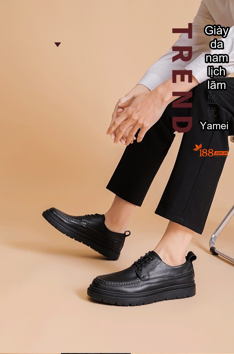 Giày Tây Buộc Dây Nam Da Bò Êm Ái Chiều Cao Đế Khoảng 3.5cm Màu Đen chi tiết 7