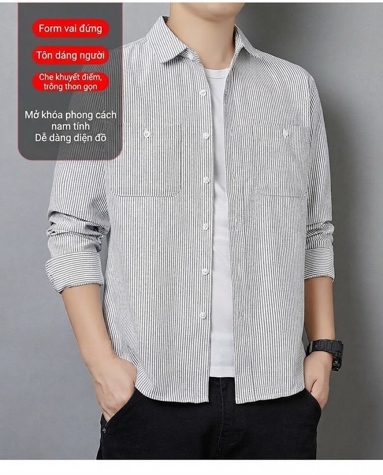 Áo Sơ Mi Dài Tay Nam Cotton Dáng Rộng Phong Cách Công Sở Màu Xanh Nhạt, Xám chi tiết 6