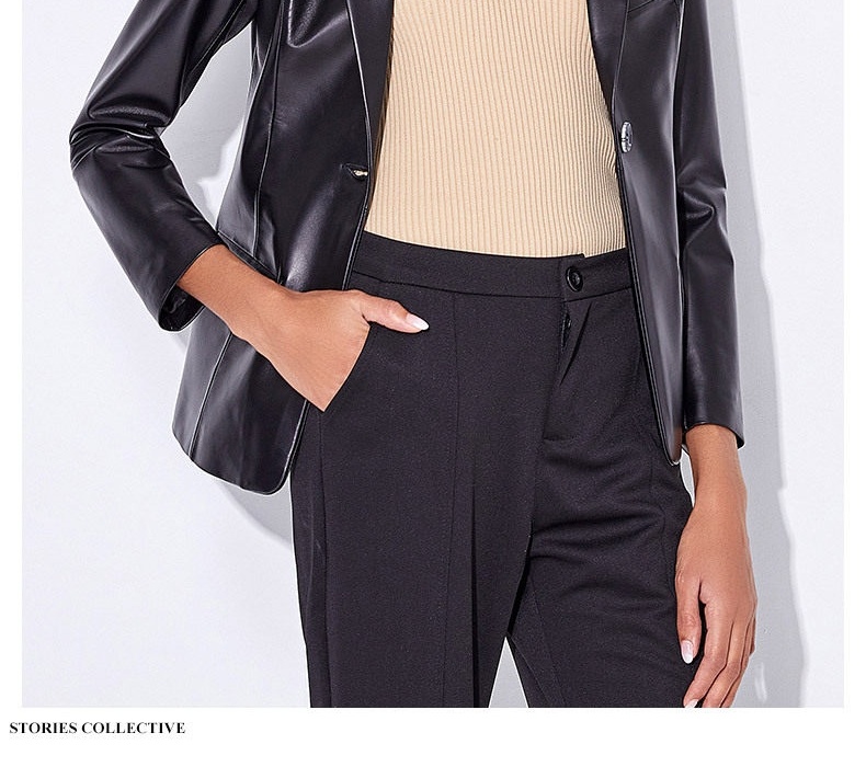 Áo Khoác Blazer Nữ Da Cừu Thật Dáng Motor Tiểu Tây Trang Màu Đen chi tiết 2