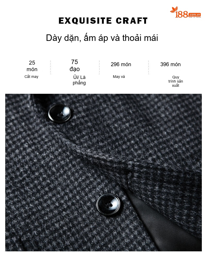 Áo Blazer Nam Wool Họa Tiết Houndstooth Phong Cách Casual Màu Xám, Đen chi tiết 4