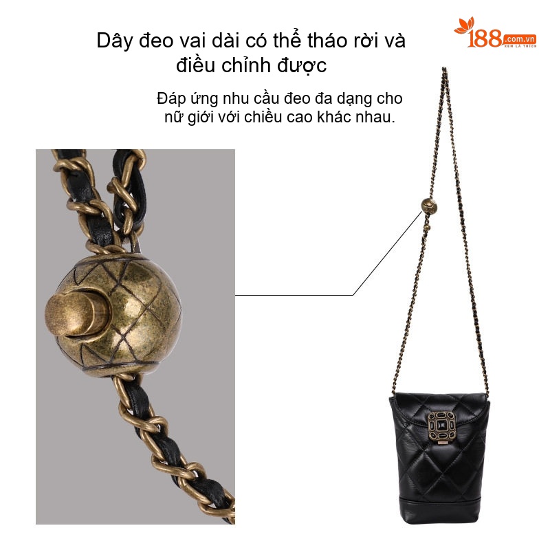 Túi Đeo Chéo Mini Nữ Da Bò Lớp Đầu Họa Tiết Trám Khóa Cài Dây Xích Màu Đen chi tiết 11