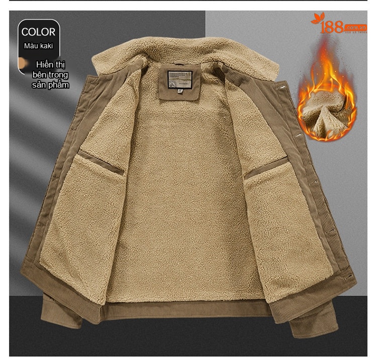 Áo Khoác Bông Nam Dáng Rộng Cổ Bẻ Lót Lông Cừu Non Vải Cotton Gân Màu Đen, Xanh Rêu, Nâu chi tiết 12