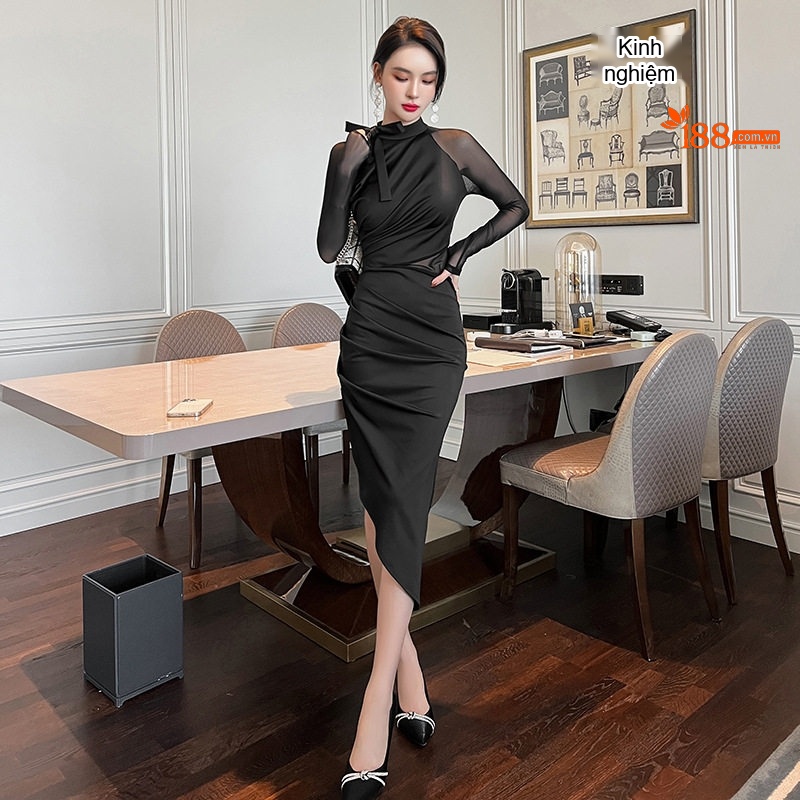 Đầm Ôm Body Lưới Tay Dài Cổ Lệch Xẻ Tà Bất Đối Xứng Phong Cách Châu Âu Màu Đen