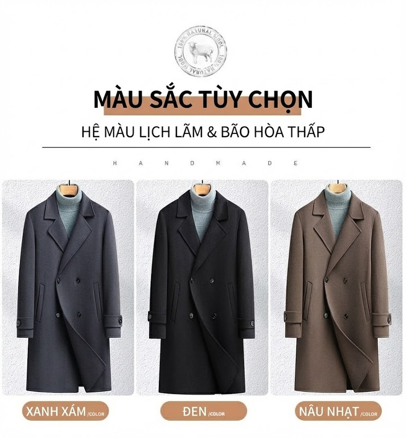Áo Khoác Dạ Nam Dáng Dài Tay Raglan Hai Hàng Khuy Màu Nâu, Xám Đậm, Đen chi tiết 14