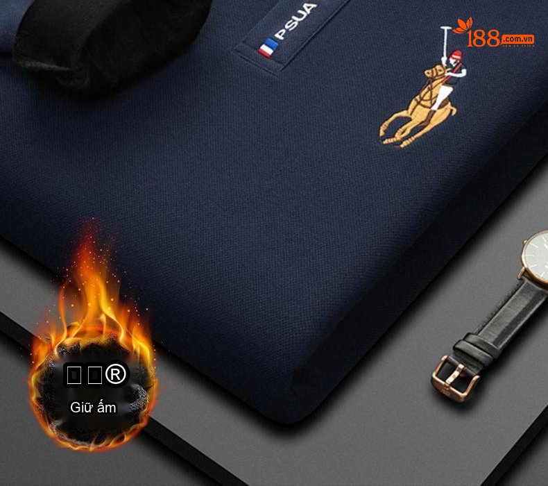 Áo Polo Nam Tay Dài Cotton Lót Lông Cừu Màu Xanh Dương, Xanh Navy, Kem, Xanh Lá chi tiết 1