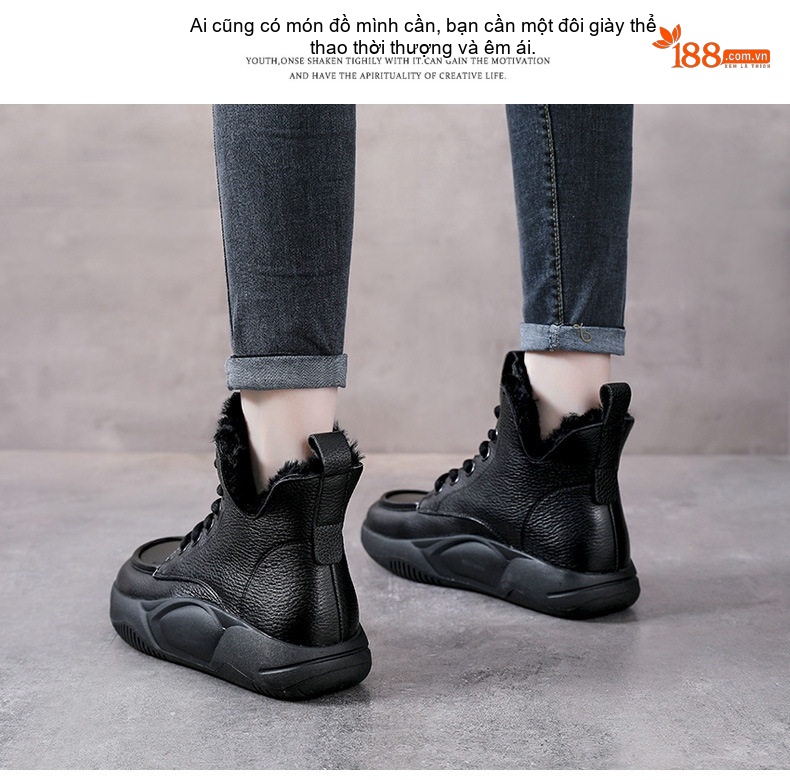 Giày Boot Nữ Da Bò Lót Lông Cừu Non Cổ Cao Dây Buộc Chiều Cao Đế Khoảng 5cm Màu Be, Đen chi tiết 16