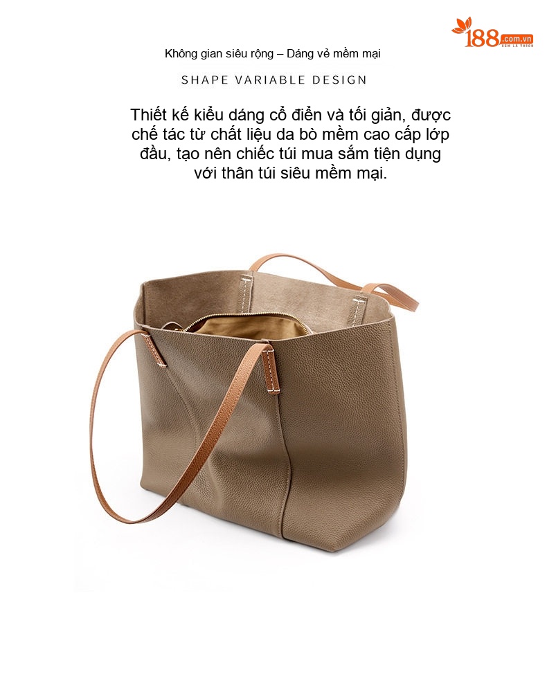Túi Tote Nữ Da Bò Thủ Công Cỡ Lớn Đeo Vai Đi Làm Màu Đen, Nâu chi tiết 6