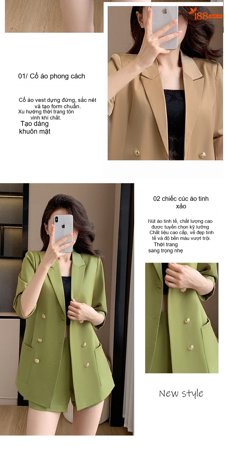 Bộ Vest Nữ Mùa Hè Áo Blazer Tay Lỡ Quần Short Ống Rộng Màu Xanh Lá, Kaki chi tiết 7
