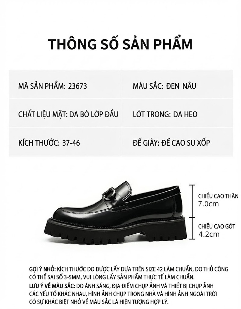 Giày Lười Nam Da Bò Đế Dày Chiều Cao Đế Khoảng 4cm Màu Đen, Nâu chi tiết 2