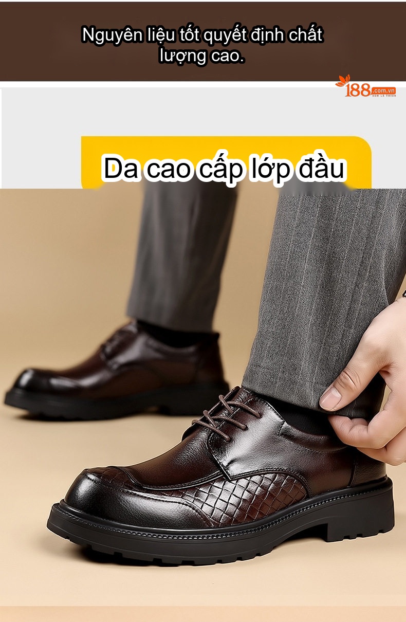 Giày Tây Buộc Dây Nam Da Bò Chiều Cao Đế Khoảng 3.5cm Màu Đen, Nâu chi tiết 5