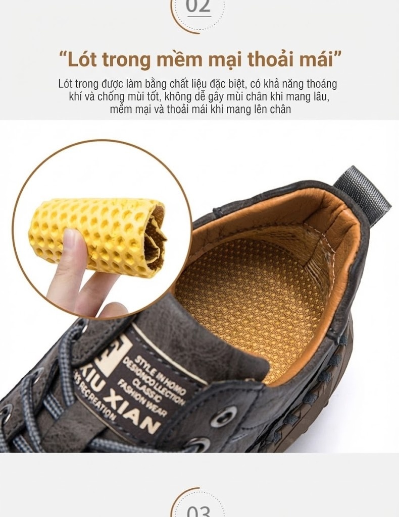 Giày Da Nam Lớn Size Thủ Công Buộc Dây Chiều Cao Đế Khoảng 3cm Màu Nâu, Xám, Đen chi tiết 6
