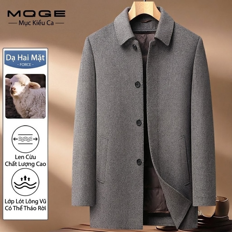 Áo Khoác Nam Dáng Vừa Hai Mặt Cổ Bẻ Lót Lông Vũ Tháo Rời Được Chất Liệu Lông Cừu Dày Dặn Màu Xám, Đen, Xanh Navy