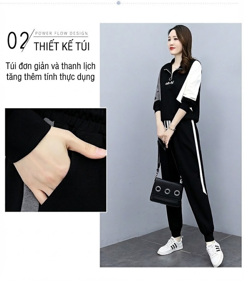 Bộ Đồ Nữ Thu Đông Áo Hoodie Quần Jogger Bo Gấu Phong Cách Thời Trang Trẻ Trung Màu Đen, Xám, Trắng chi tiết 8