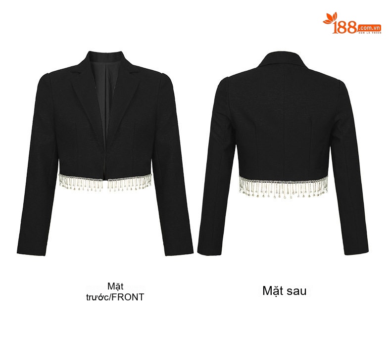Áo Khoác Blazer Nữ Ngắn Tay Thiết Kế Đính Đá Tua Rua Dáng Ôm Màu Đen chi tiết 5