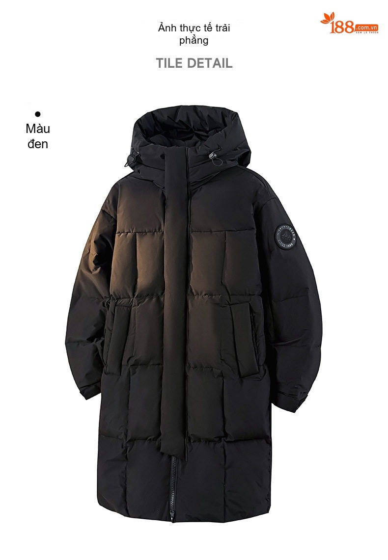 Áo Phao Dáng Dài 90% Lông Vịt Trắng Mũ Trùm Đầu Dày Dặn Phong Cách Unisex Màu Đen, Trắng, Xanh Navy chi tiết 12