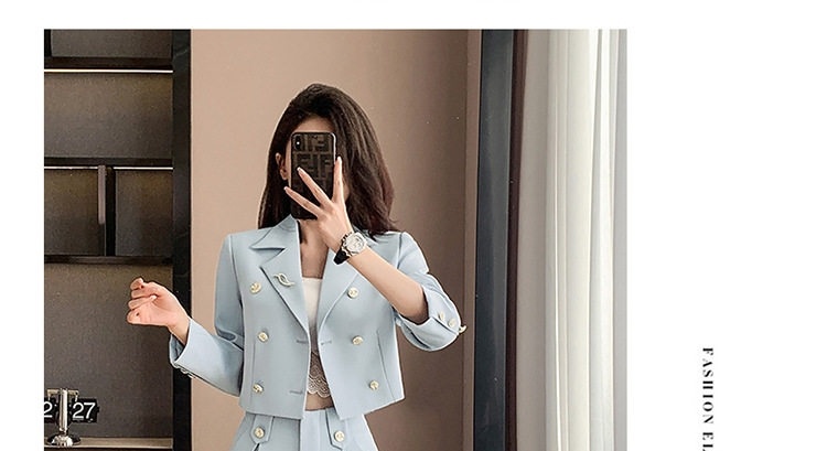 Bộ Vest Công Sở Nữ Dáng Ngắn Quần Dài/Chân Váy Màu Kaki, Đen, Xanh Dương chi tiết 16