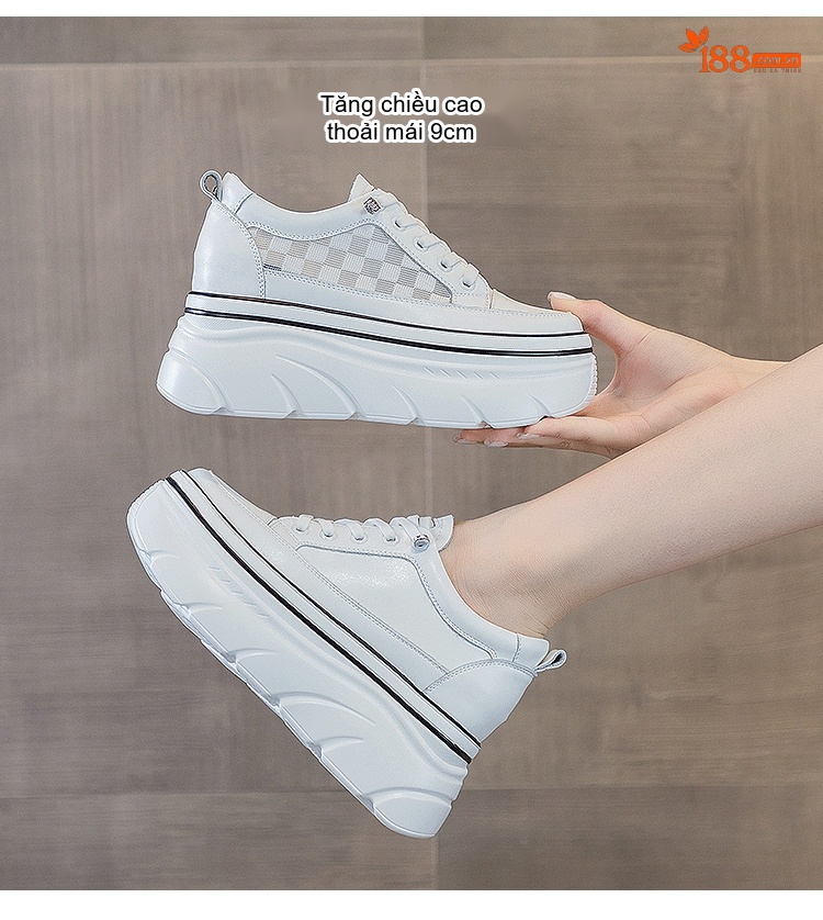 Giày Sneaker Nữ Da Bóng Đế Xuồng Chiều Cao Đế Khoảng 5cm Màu Trắng chi tiết 8