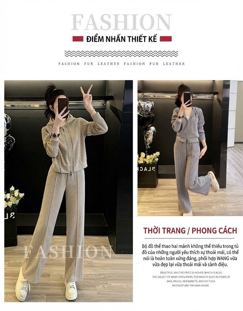 Set Bộ Quần Áo Nữ Dáng Rộng Có Mũ Trùm Đầu Lót Lông Dày Dặn Phong Cách Hàn Quốc Màu Kem, Hồng, Xám, Nâu... chi tiết 2