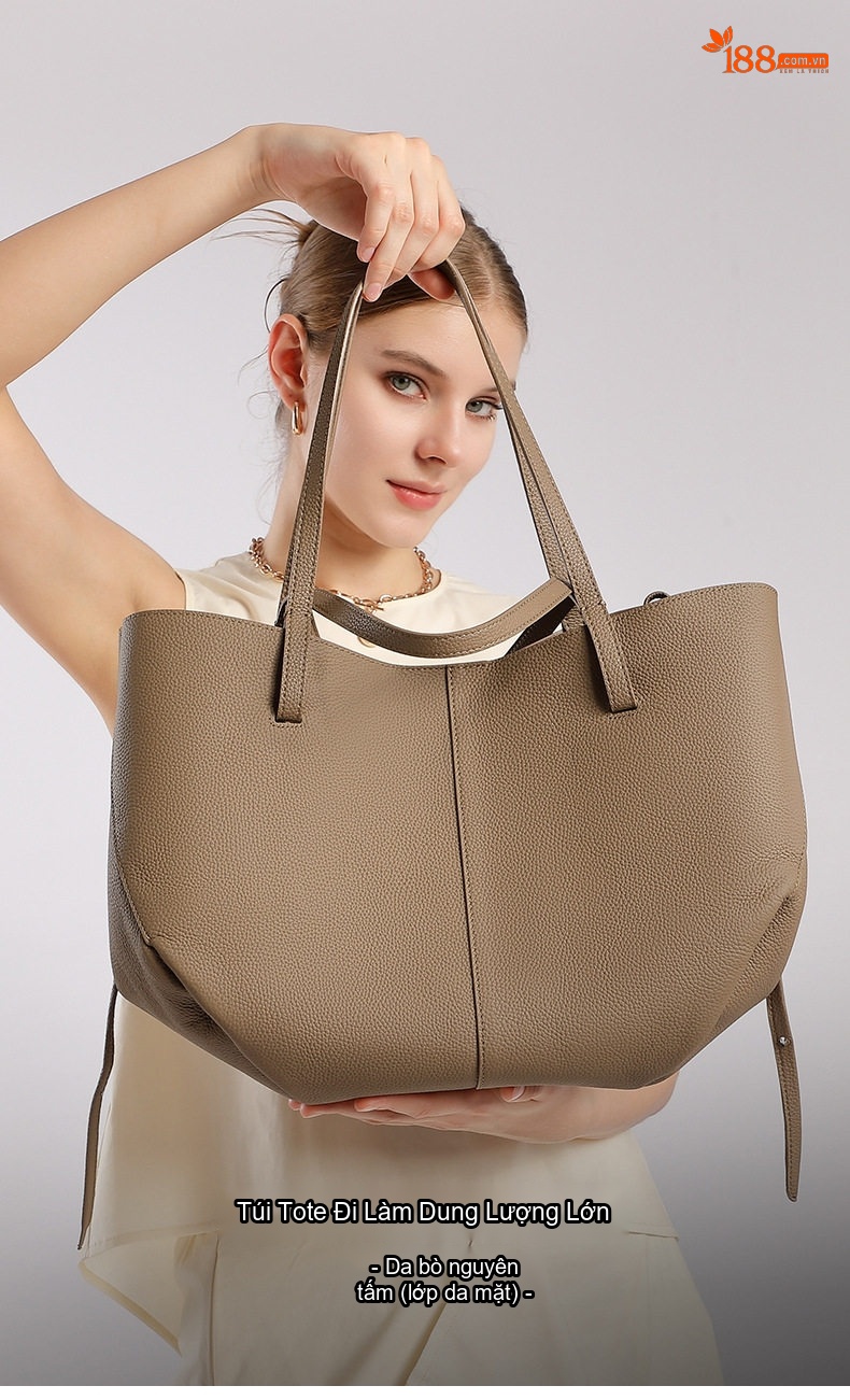 Túi Tote Nữ Da Bò Lớn Đựng Đồ Phong Cách Đơn Giản Kèm Túi Nhỏ Màu Nâu chi tiết 1