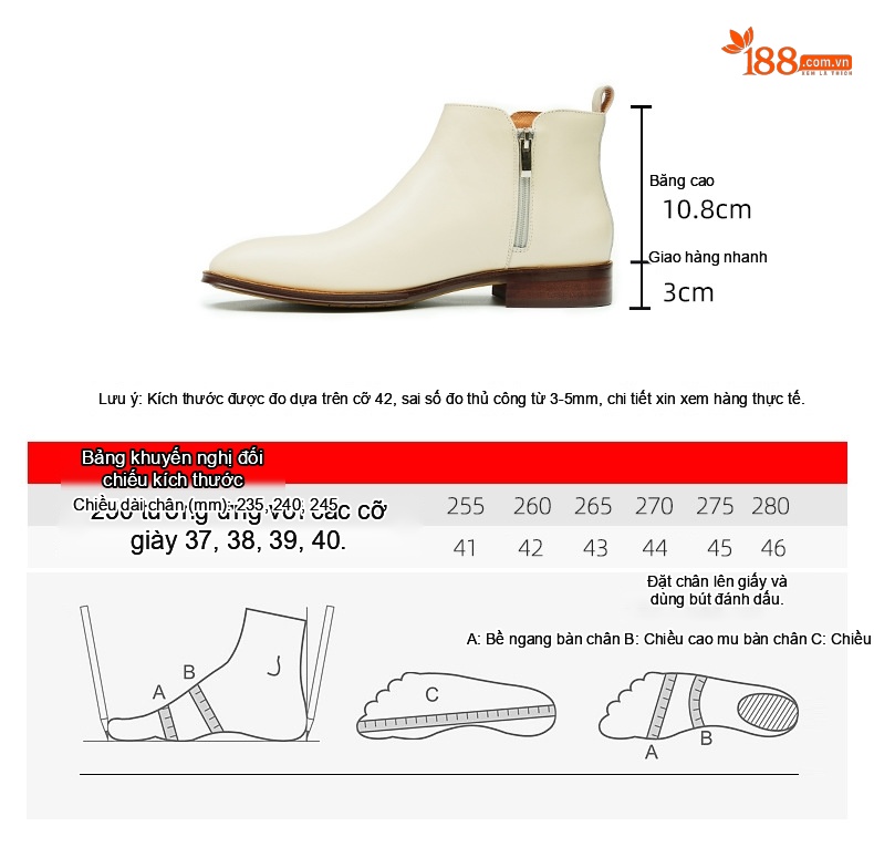 Boot Da Bò Cổ Cao Có Khóa Kéo Chiều Cao Đế Khoảng 3cm Màu Trắng chi tiết 3