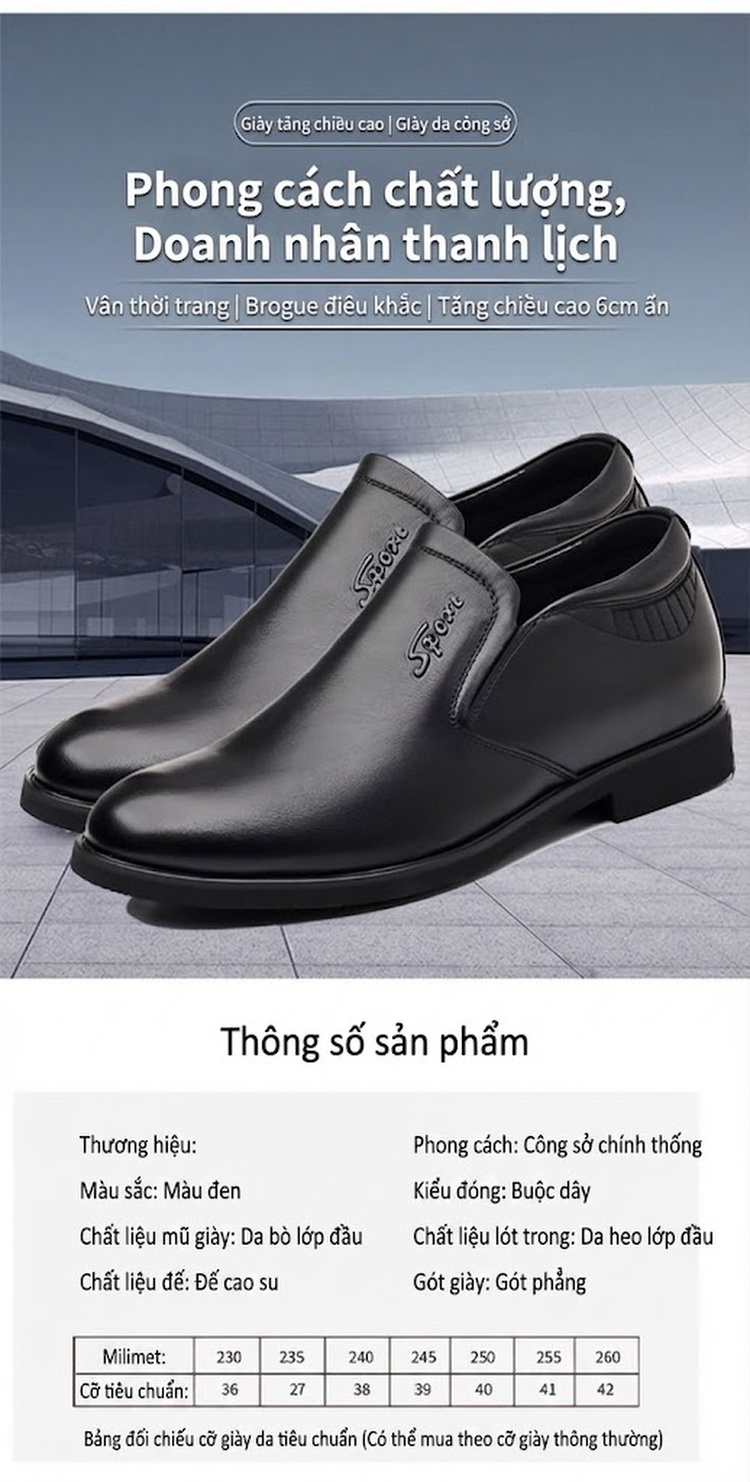 Giày Lười Nam Da Bò Chiều Cao Đế Khoảng 6cm Màu Đen chi tiết 5