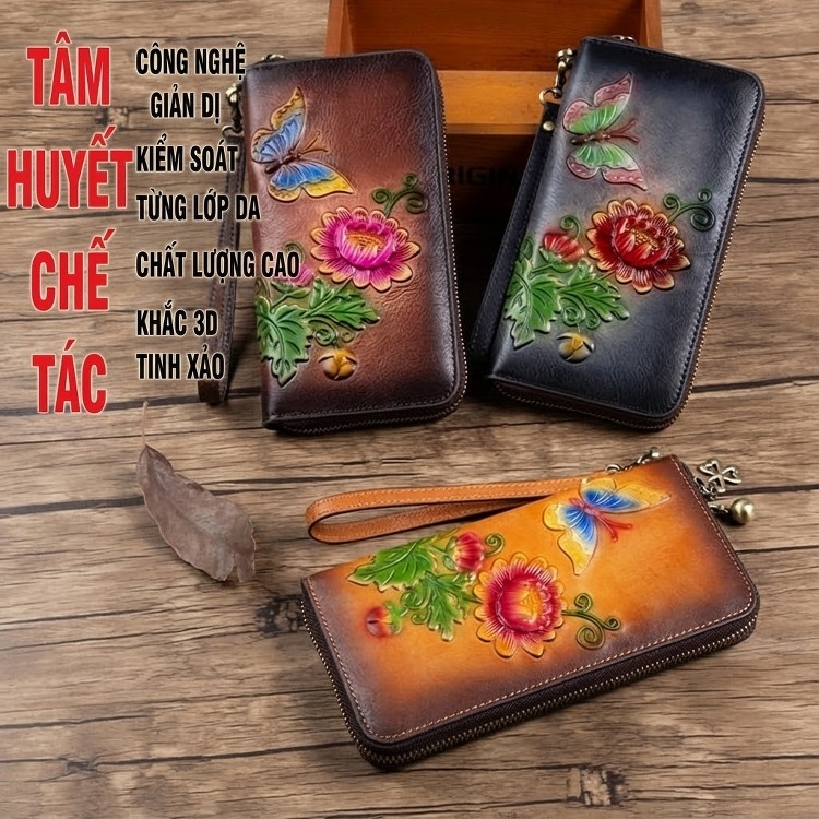Ví Nữ Da Bò Dáng Dài Khóa Kéo Phong Cách Cổ Điển Màu Nâu, Xanh Navy chi tiết 2