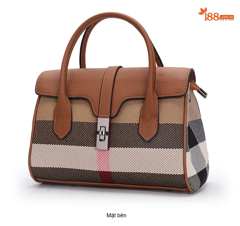 Túi Tote Nữ Da Bò Kết Hợp Vải Bố Họa Tiết Kẻ Sọc Thời Trang Màu Nâu Caramel chi tiết 13