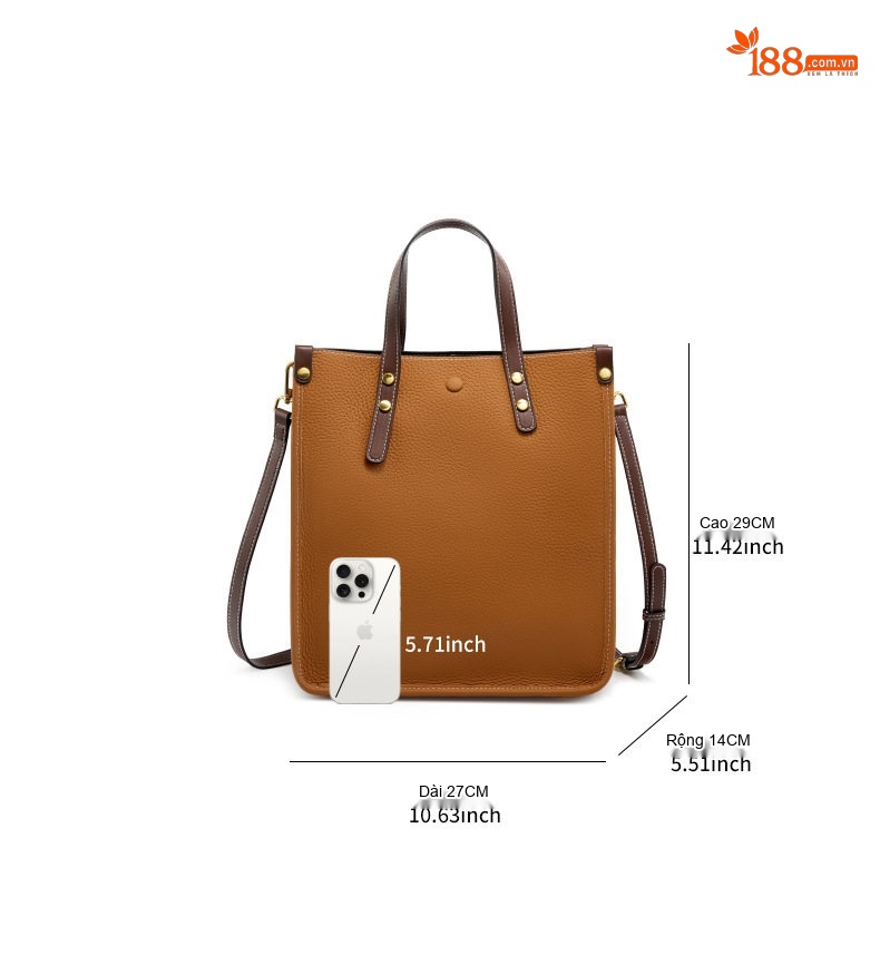 Túi Tote Nữ Da Thật Dáng Đứng Công Sở Đeo Vai, Đeo Chéo Màu Đen, Nâu chi tiết 4