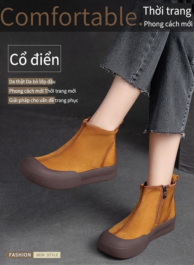 Boot Nữ Da Lộn Đế Dày Khóa Kéo Bên Hông Phong Cách Retro Chiều Cao Đế Khoảng 3cm Màu Đỏ Rượu, Vàng chi tiết 1